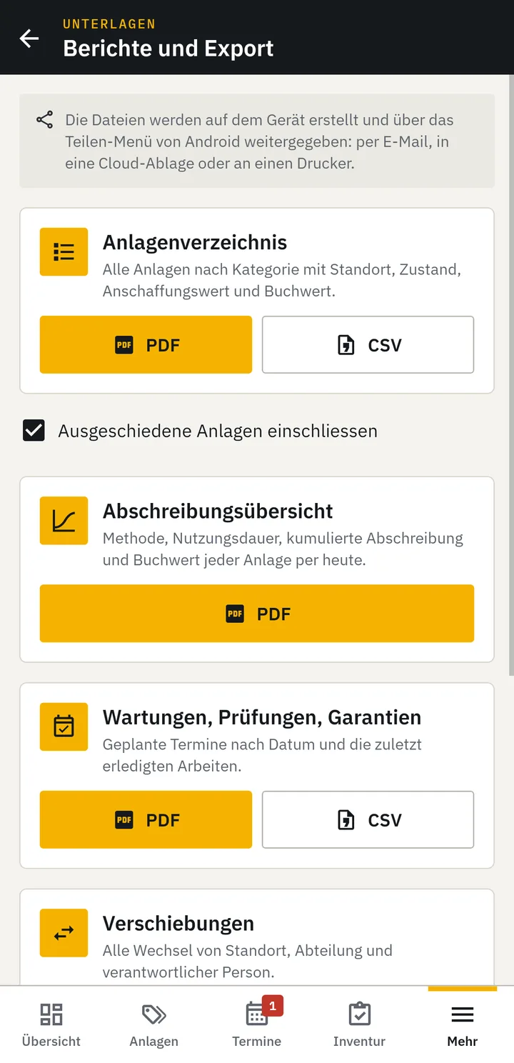 Ansicht «Berichte und Export» mit Anlagenverzeichnis, Abschreibungsübersicht und Terminen als PDF oder CSV