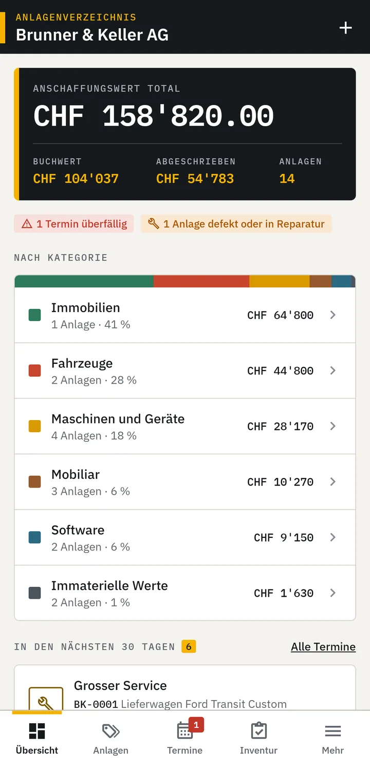 Übersicht der App mit Anschaffungswert total, Buchwert, abgeschriebenem Betrag und Anzahl Anlagen, darunter die Verteilung nach Kategorie